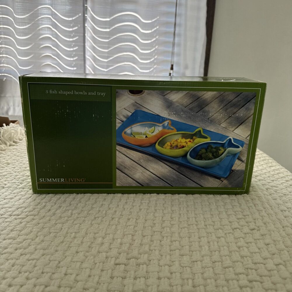 Summer Living Ceramic 4 Piece Fish Shaped Serving Bowls & Tray Set Brand New NIB